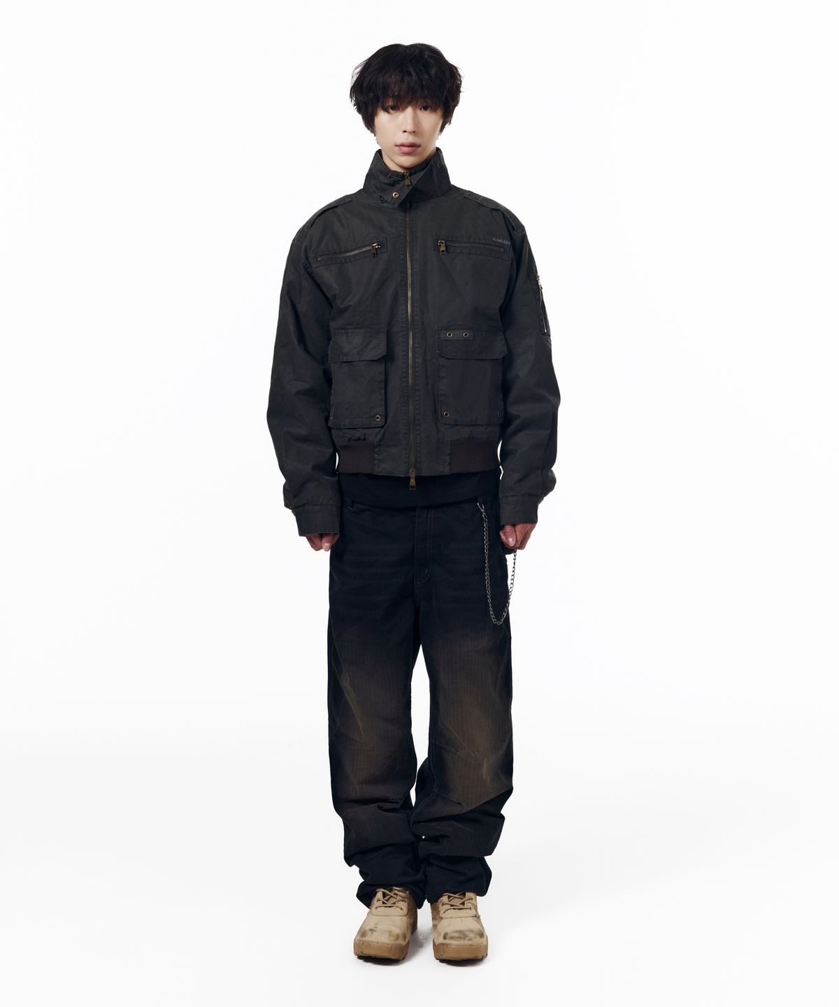 아캄(AAKAM) Utility Washed Herringbone Pants (Black)