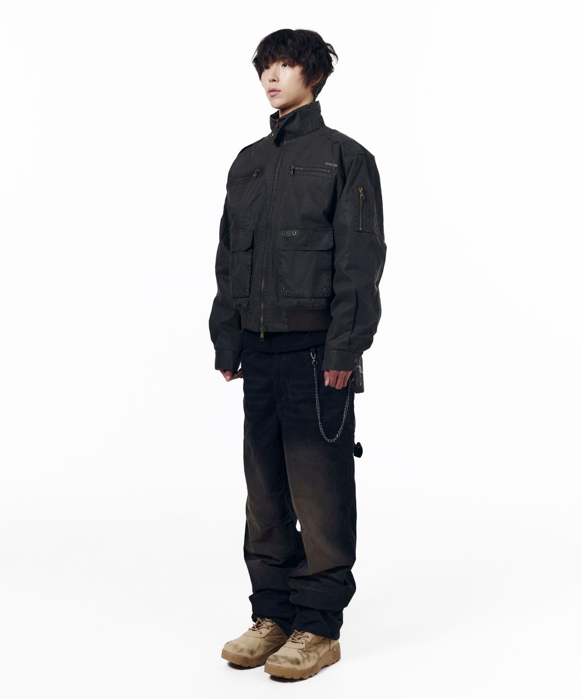 아캄(AAKAM) Utility Washed Herringbone Pants (Black)