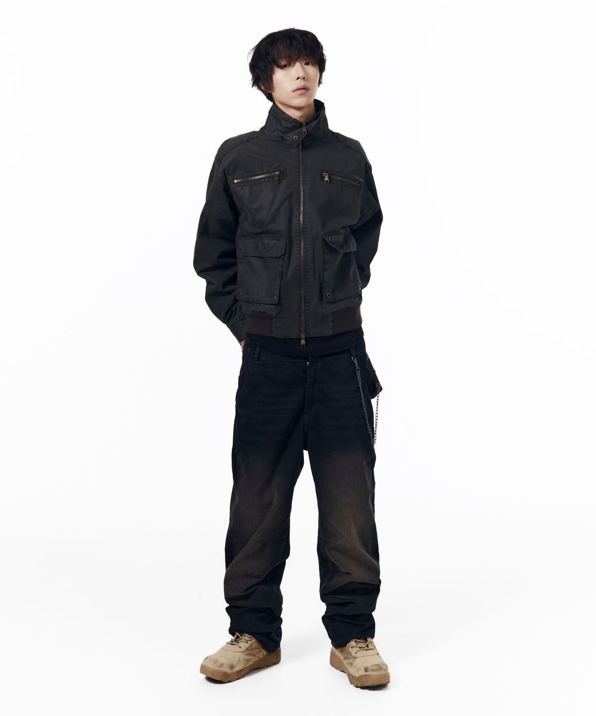 아캄(AAKAM) Utility Washed Herringbone Pants (Black)