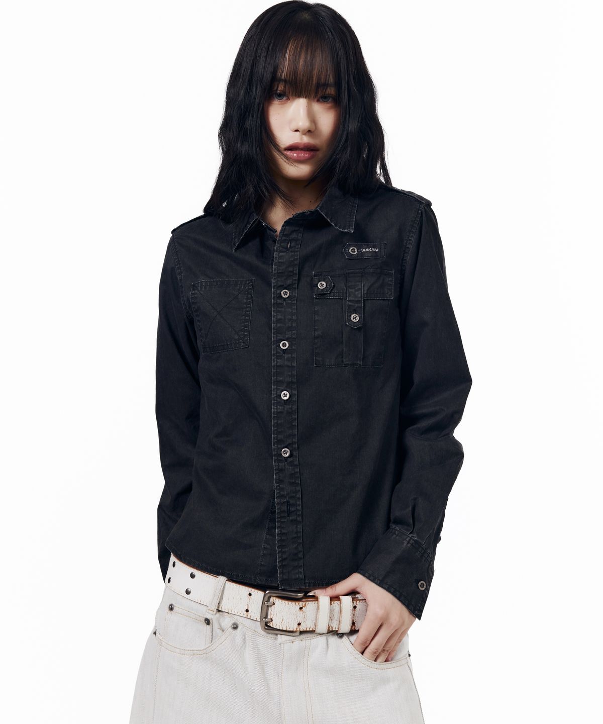 아캄(AAKAM) Vintaged Washed Pocket Long Shirts (Black)
