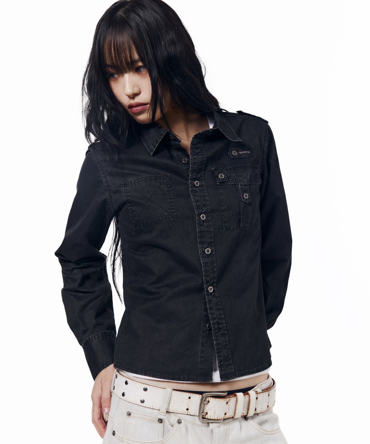 아캄(AAKAM) Vintaged Washed Pocket Long Shirts (Black)