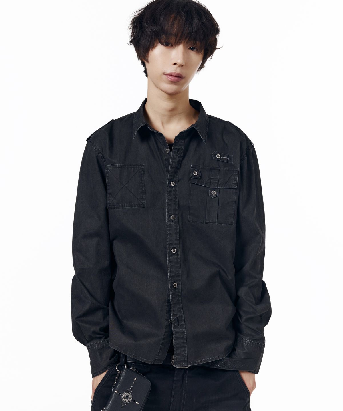 아캄(AAKAM) Vintaged Washed Pocket Long Shirts (Black)