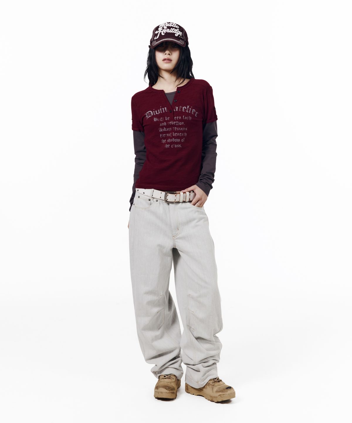 아캄(AAKAM) Henry Neck Layered Long Sleeve (Burgundy)