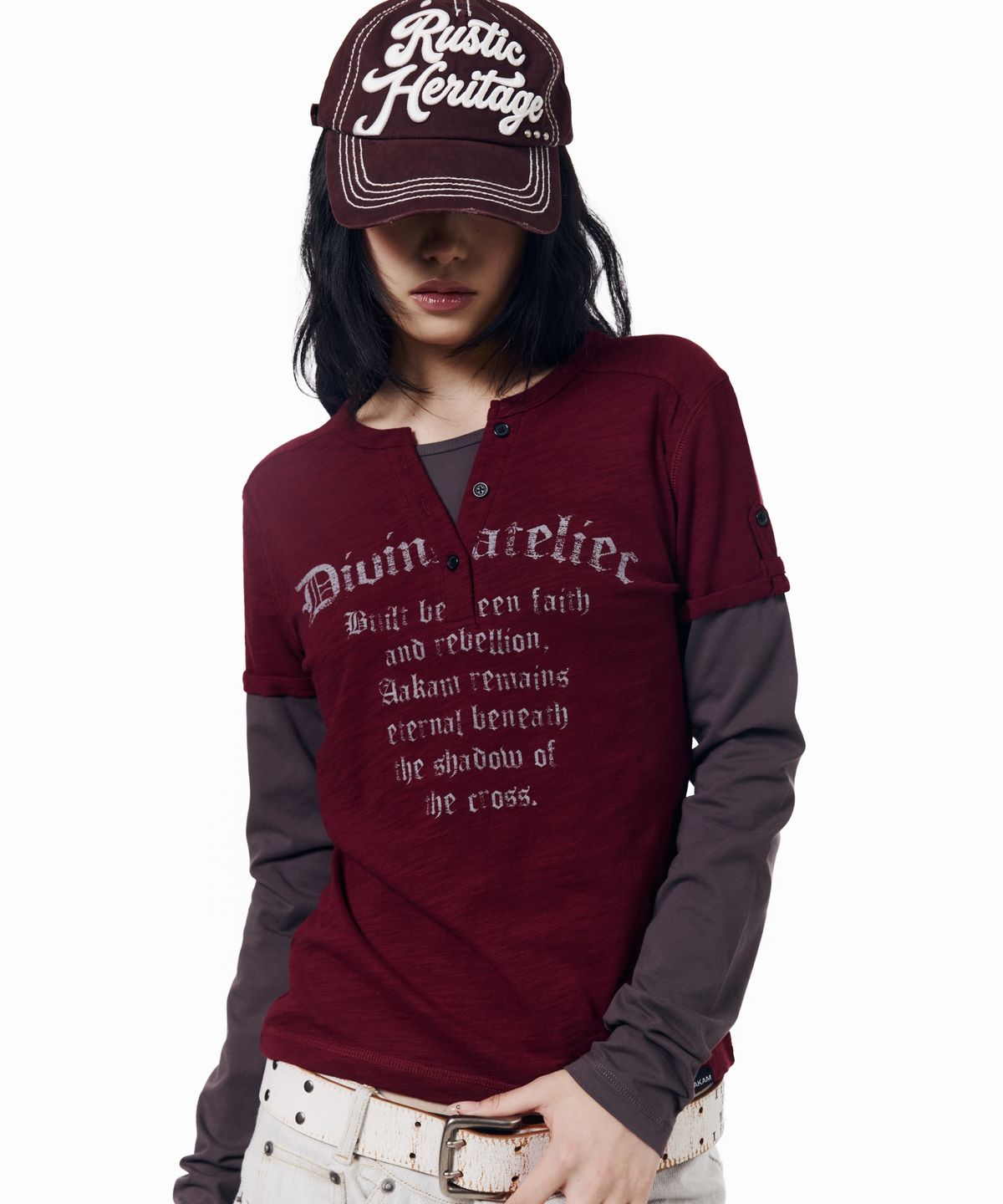 아캄(AAKAM) Henry Neck Layered Long Sleeve (Burgundy)