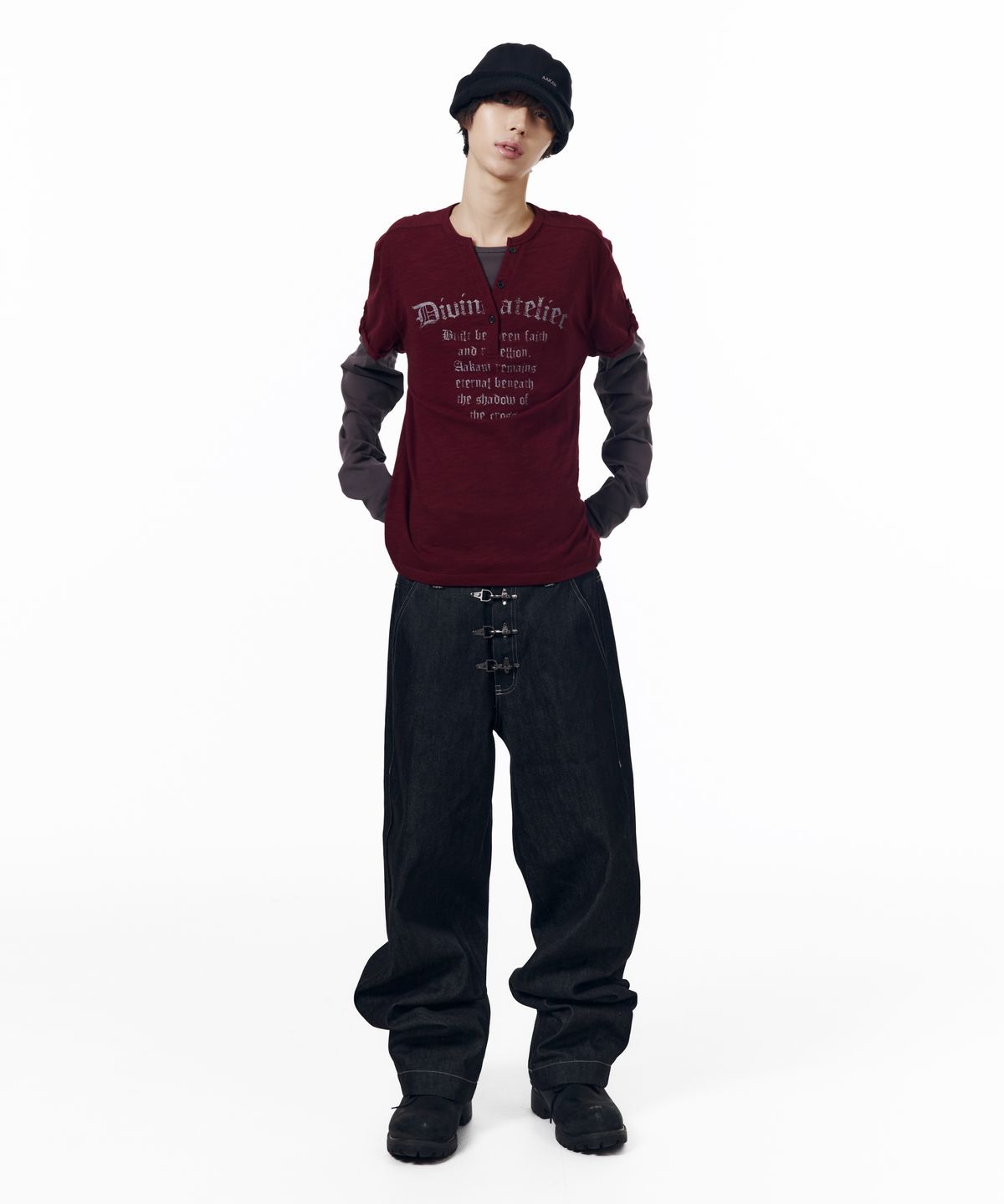 아캄(AAKAM) Henry Neck Layered Long Sleeve (Burgundy)