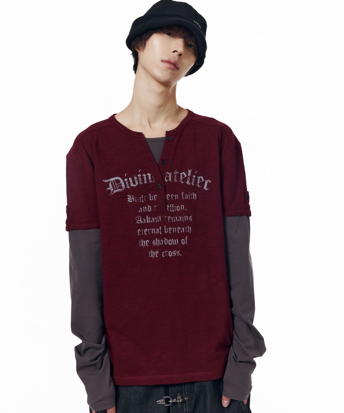 아캄(AAKAM) Henry Neck Layered Long Sleeve (Burgundy)
