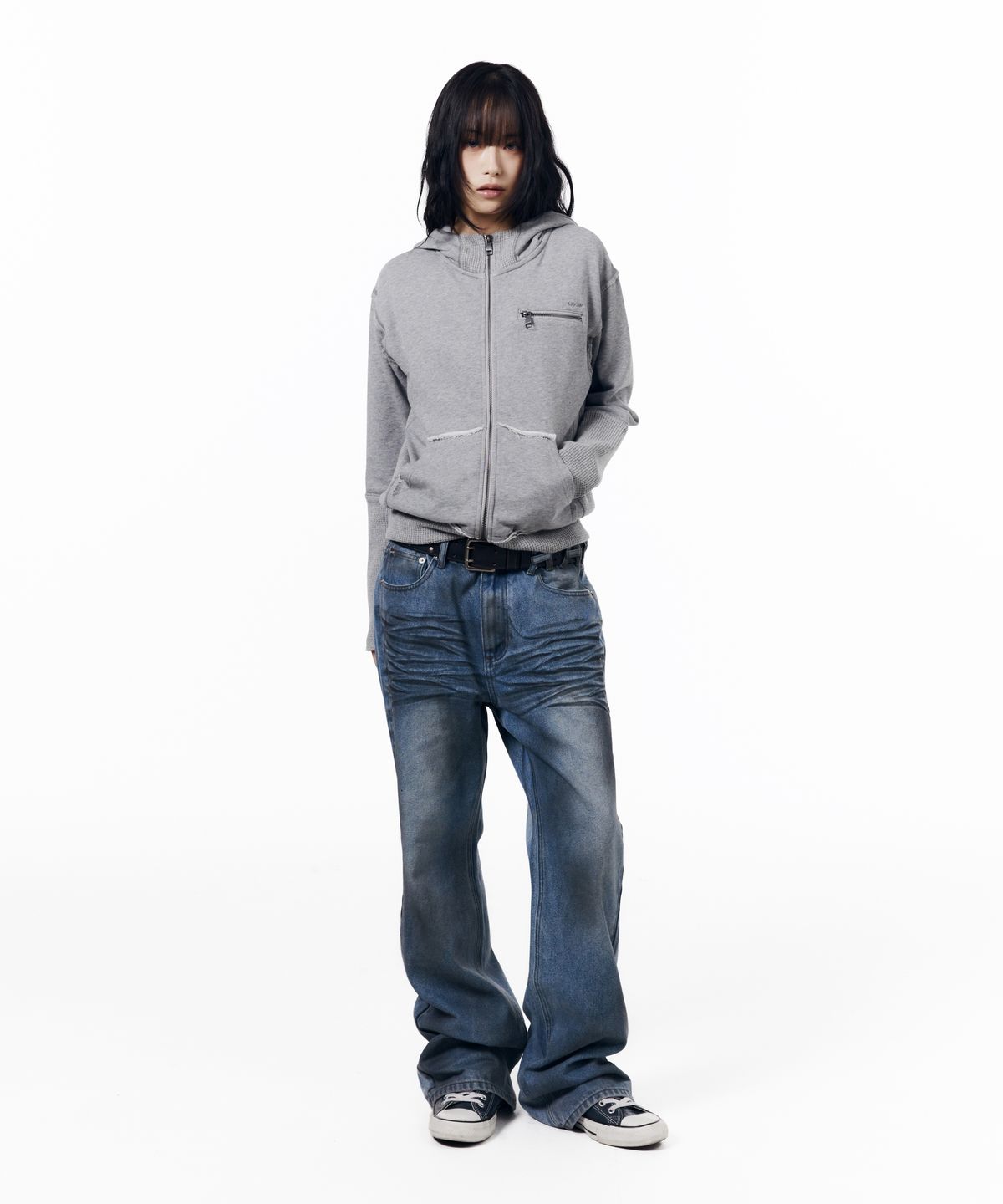 아캄(AAKAM) Waffle Sleeve Hoodie Zip-Up (Gray)
