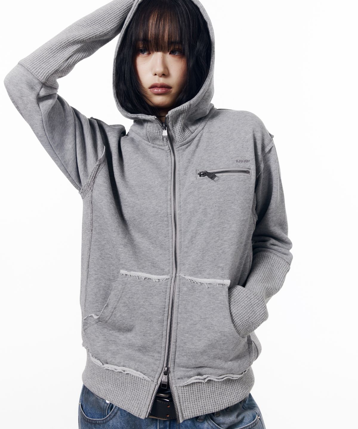 아캄(AAKAM) Waffle Sleeve Hoodie Zip-Up (Gray)