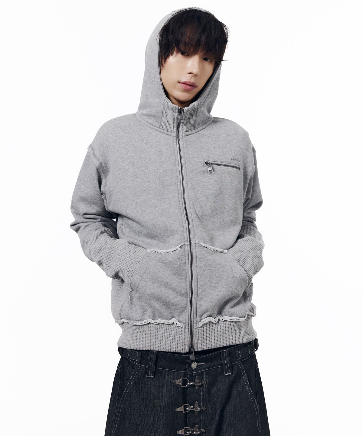 아캄(AAKAM) Waffle Sleeve Hoodie Zip-Up (Gray)