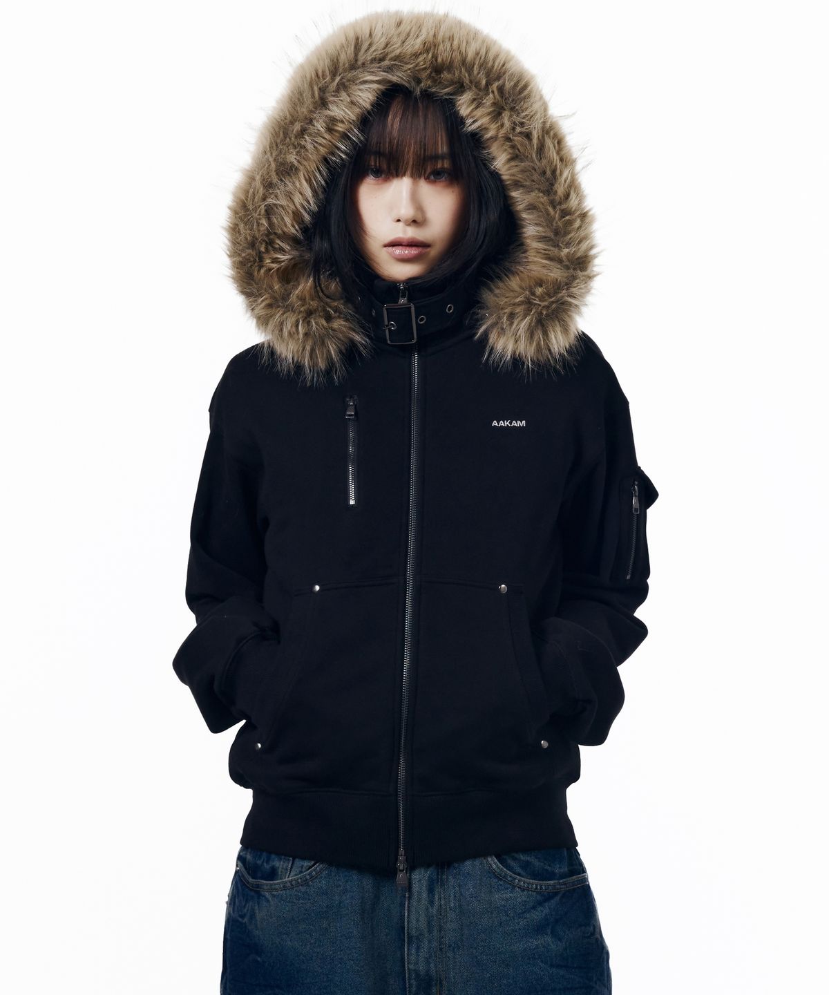 아캄(AAKAM) High Neck Fur Hoodie Zip-Up (Black)