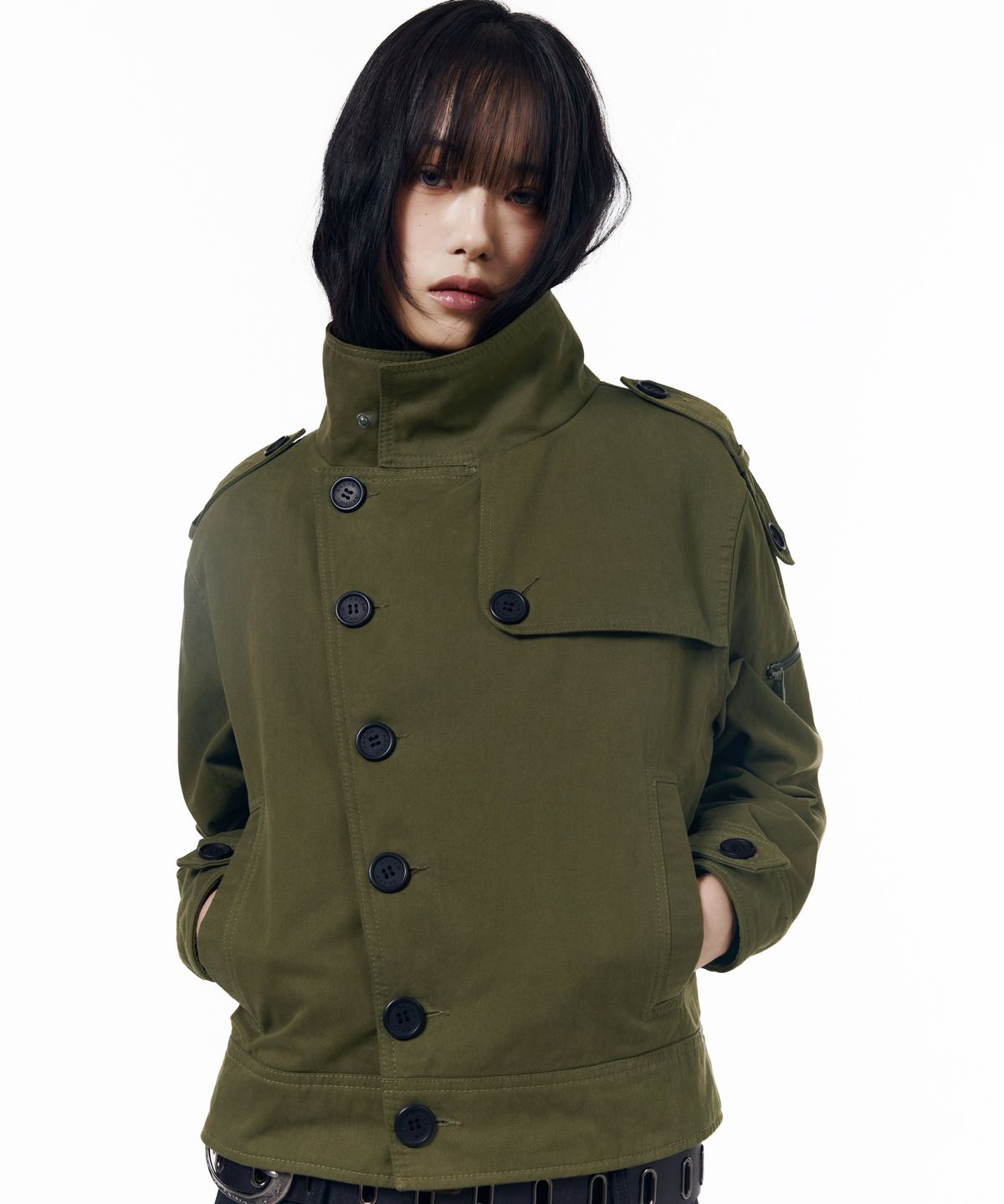 아캄(AAKAM) High Neck Trench Jacket (Khaki)