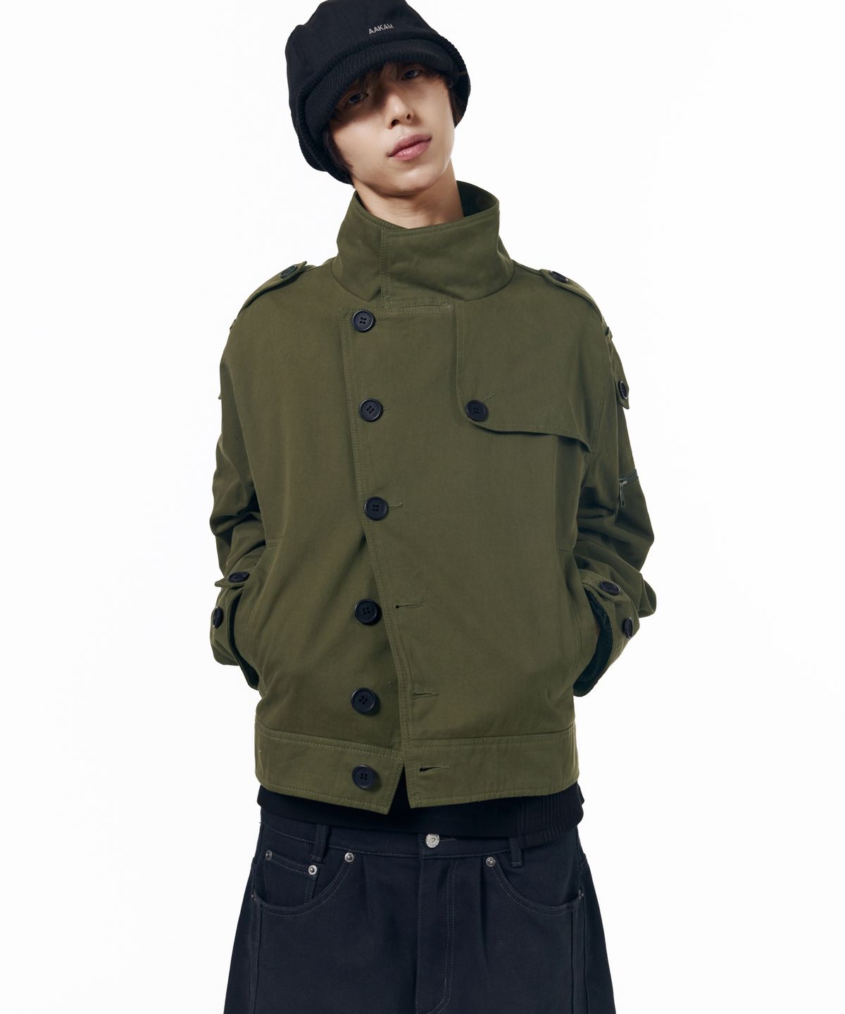 아캄(AAKAM) High Neck Trench Jacket (Khaki)