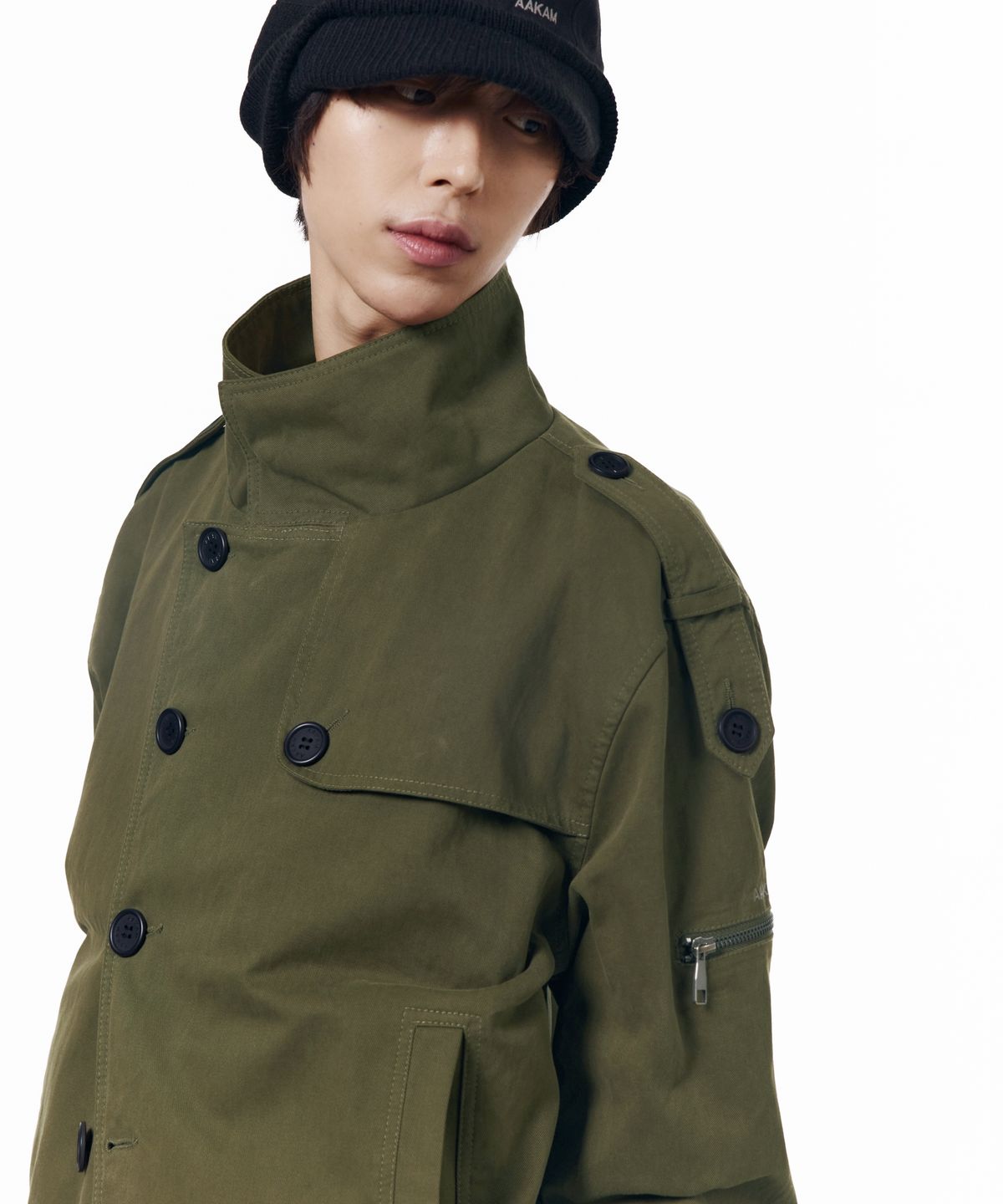 아캄(AAKAM) High Neck Trench Jacket (Khaki)