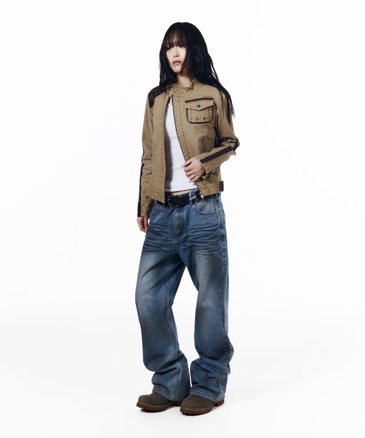 아캄(AAKAM) Slant Leather Patch Jacket (Beige)