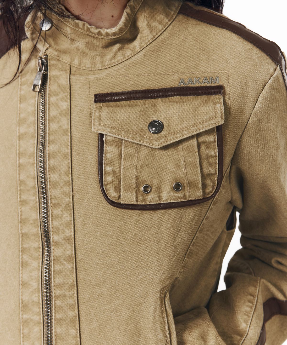 아캄(AAKAM) Slant Leather Patch Jacket (Beige)