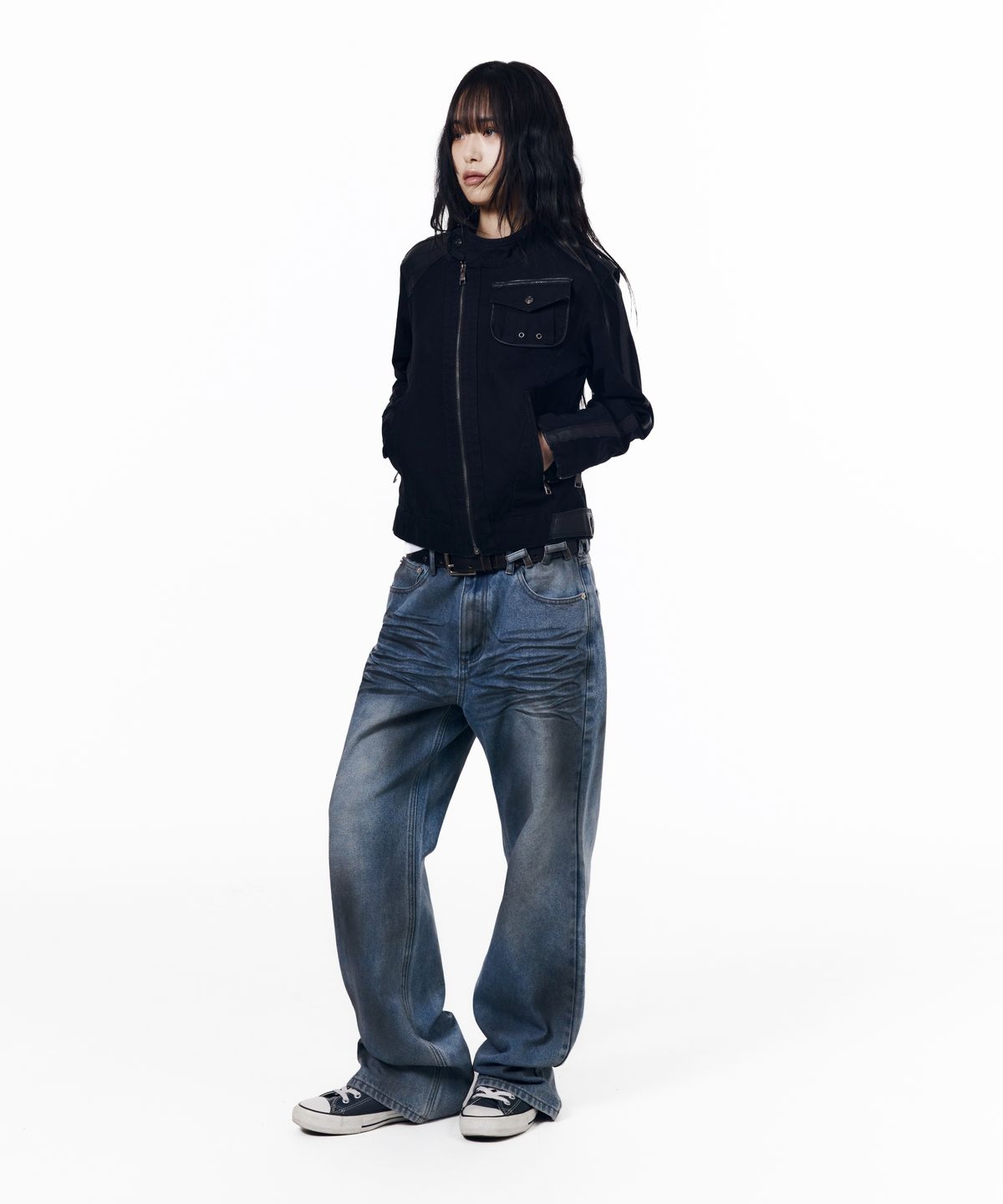 아캄(AAKAM) Slant Leather Patch Jacket (Black)