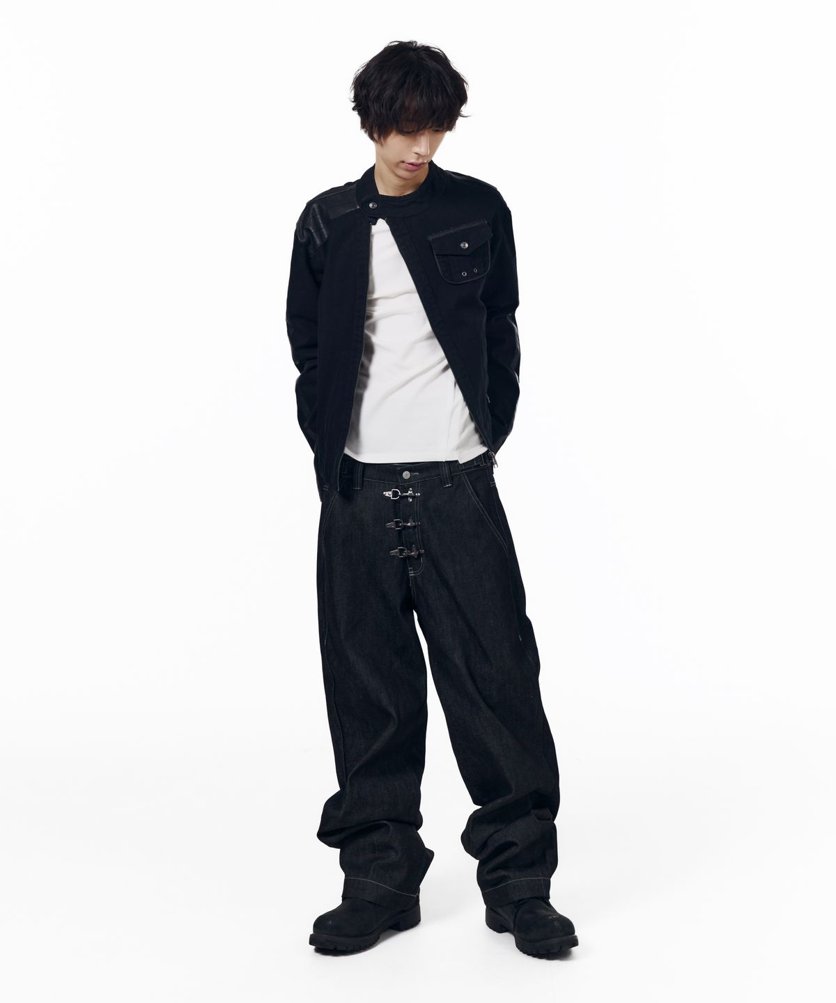 아캄(AAKAM) Slant Leather Patch Jacket (Black)