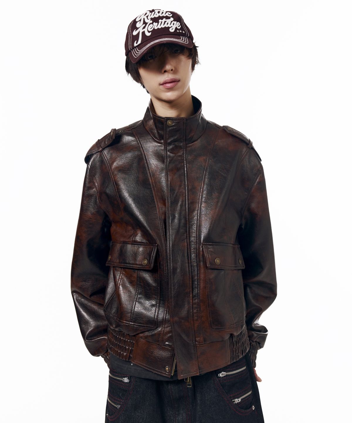 아캄(AAKAM) Epaulet High Neck Leather Jacket (Brown)