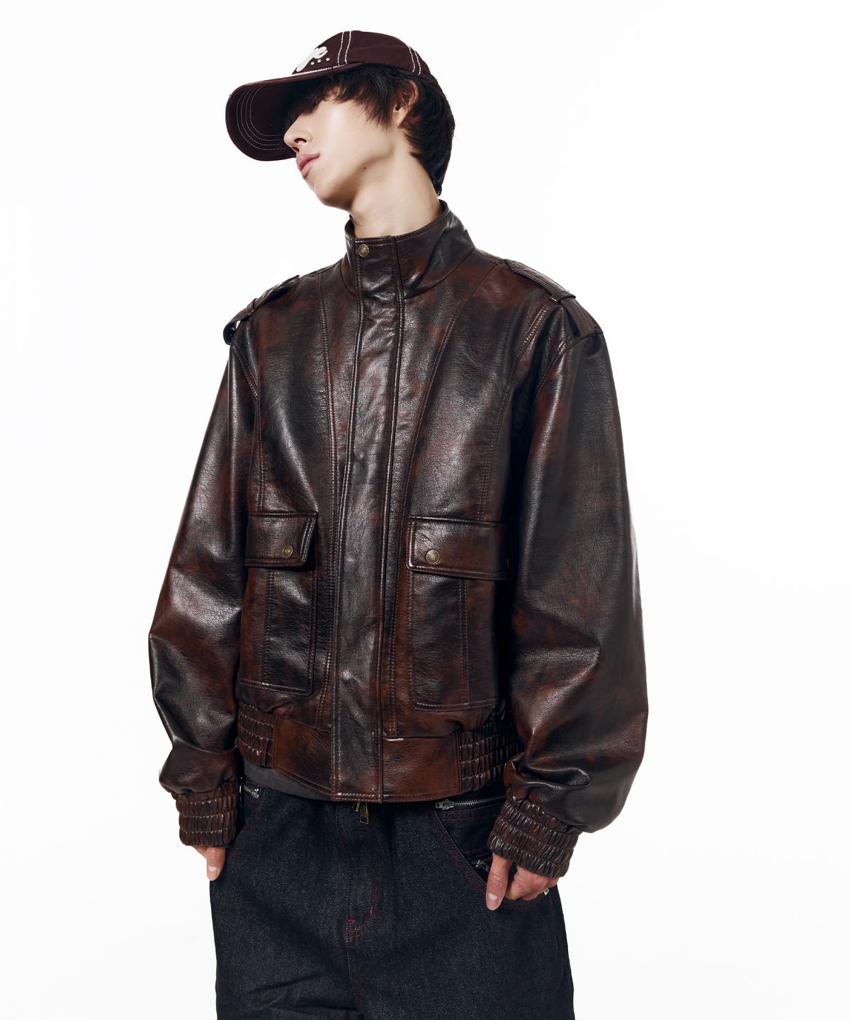 아캄(AAKAM) Epaulet High Neck Leather Jacket (Brown)