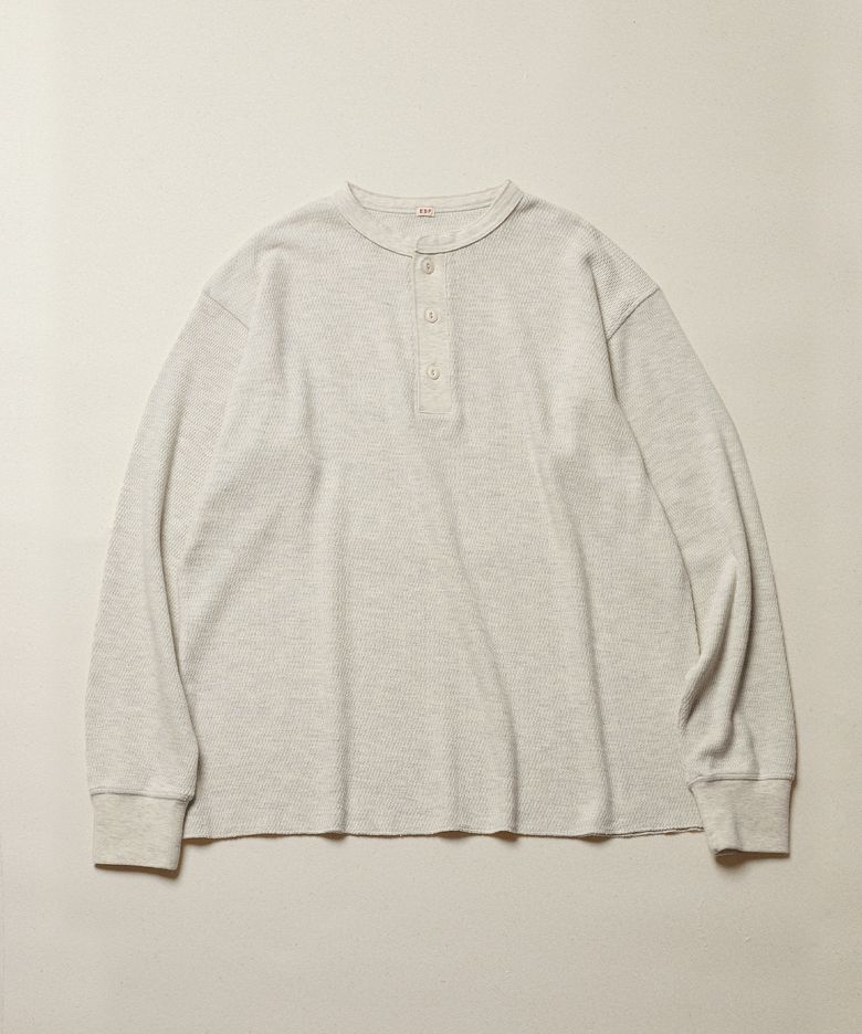 WAFFLE HENLEY NECK LS T SHIRT (MELANGE OATMEAL)