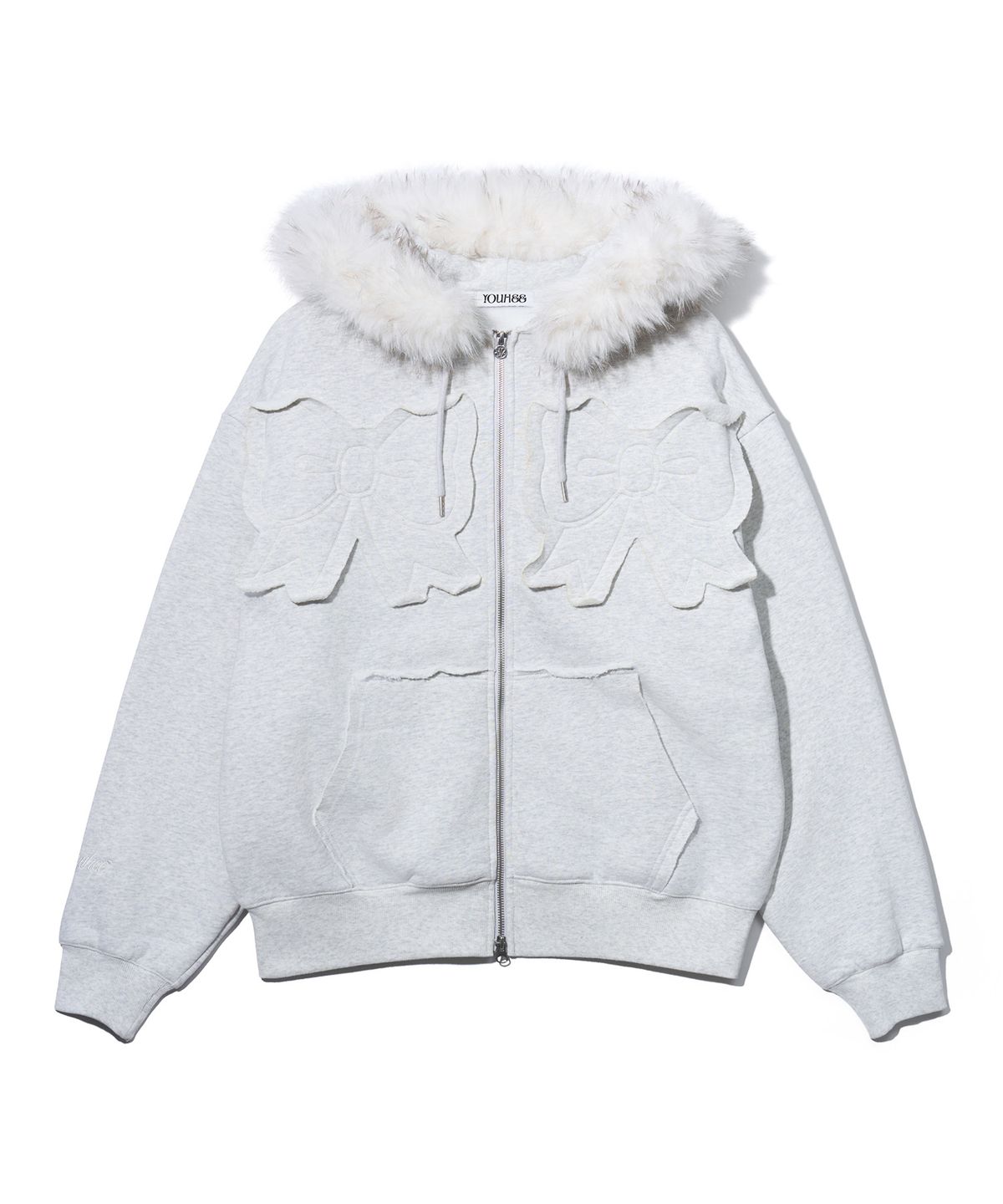 유희(YOUHEE) FUR TRIMMED RIBBON HOOD ZIP-UP_LIGHT GREY
