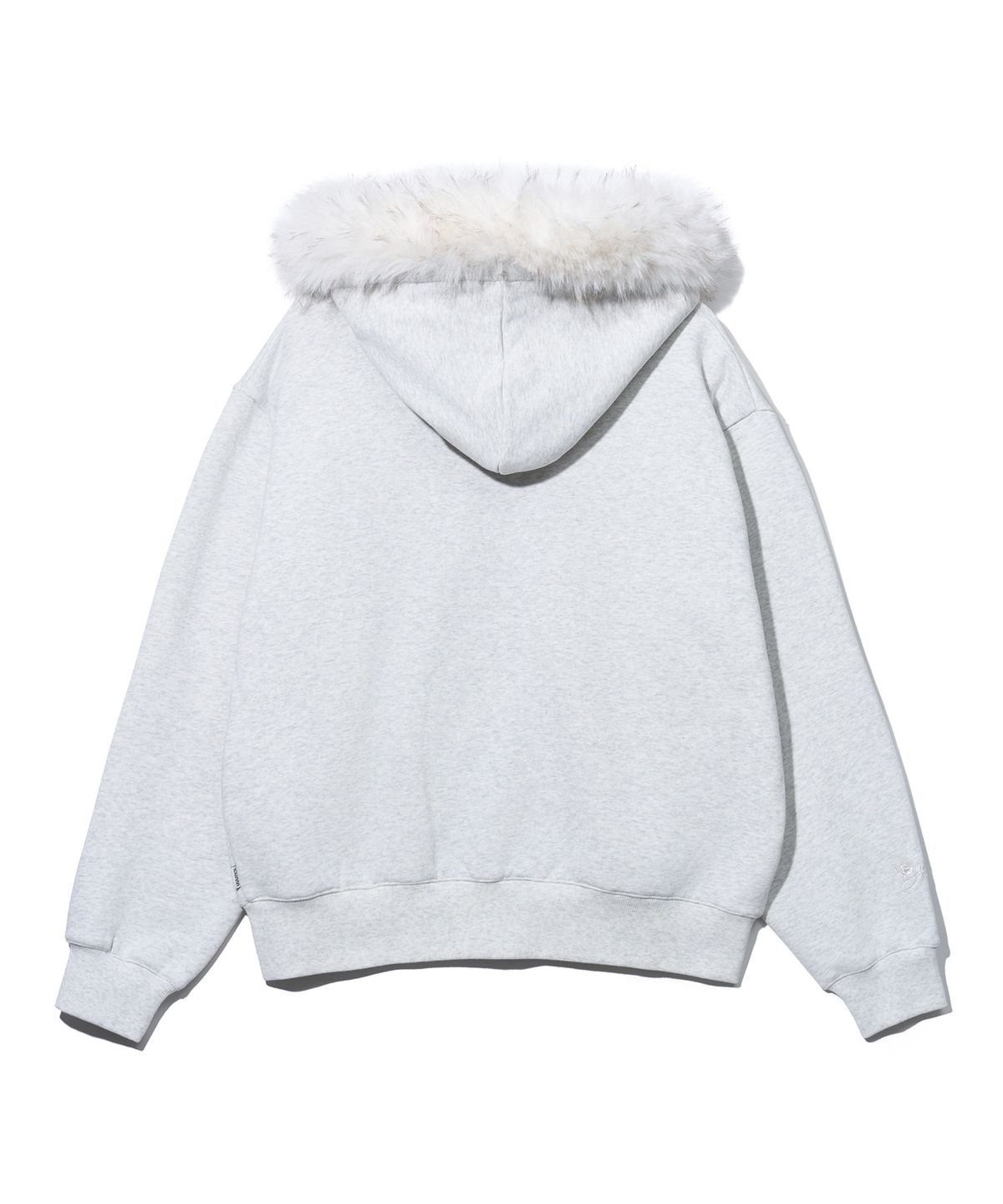 유희(YOUHEE) FUR TRIMMED RIBBON HOOD ZIP-UP_LIGHT GREY