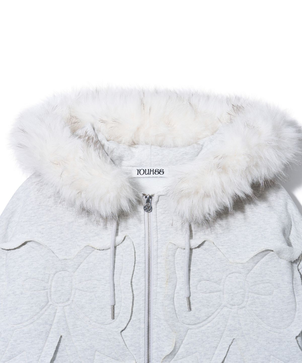 유희(YOUHEE) FUR TRIMMED RIBBON HOOD ZIP-UP_LIGHT GREY