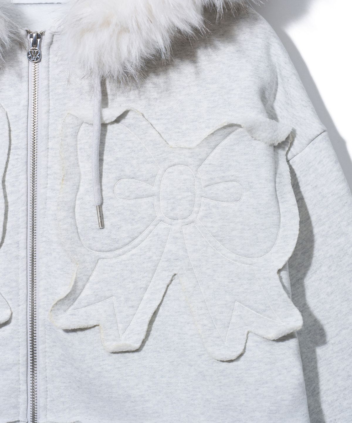 유희(YOUHEE) FUR TRIMMED RIBBON HOOD ZIP-UP_LIGHT GREY