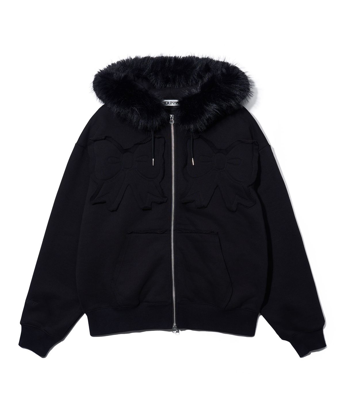 유희(YOUHEE) FUR TRIMMED RIBBON HOOD ZIP-UP_BLACK