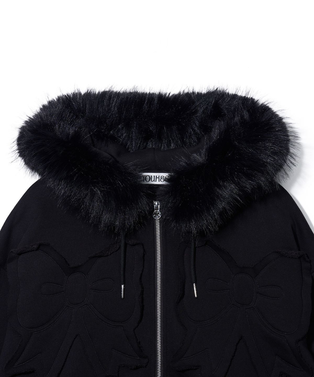 유희(YOUHEE) FUR TRIMMED RIBBON HOOD ZIP-UP_BLACK