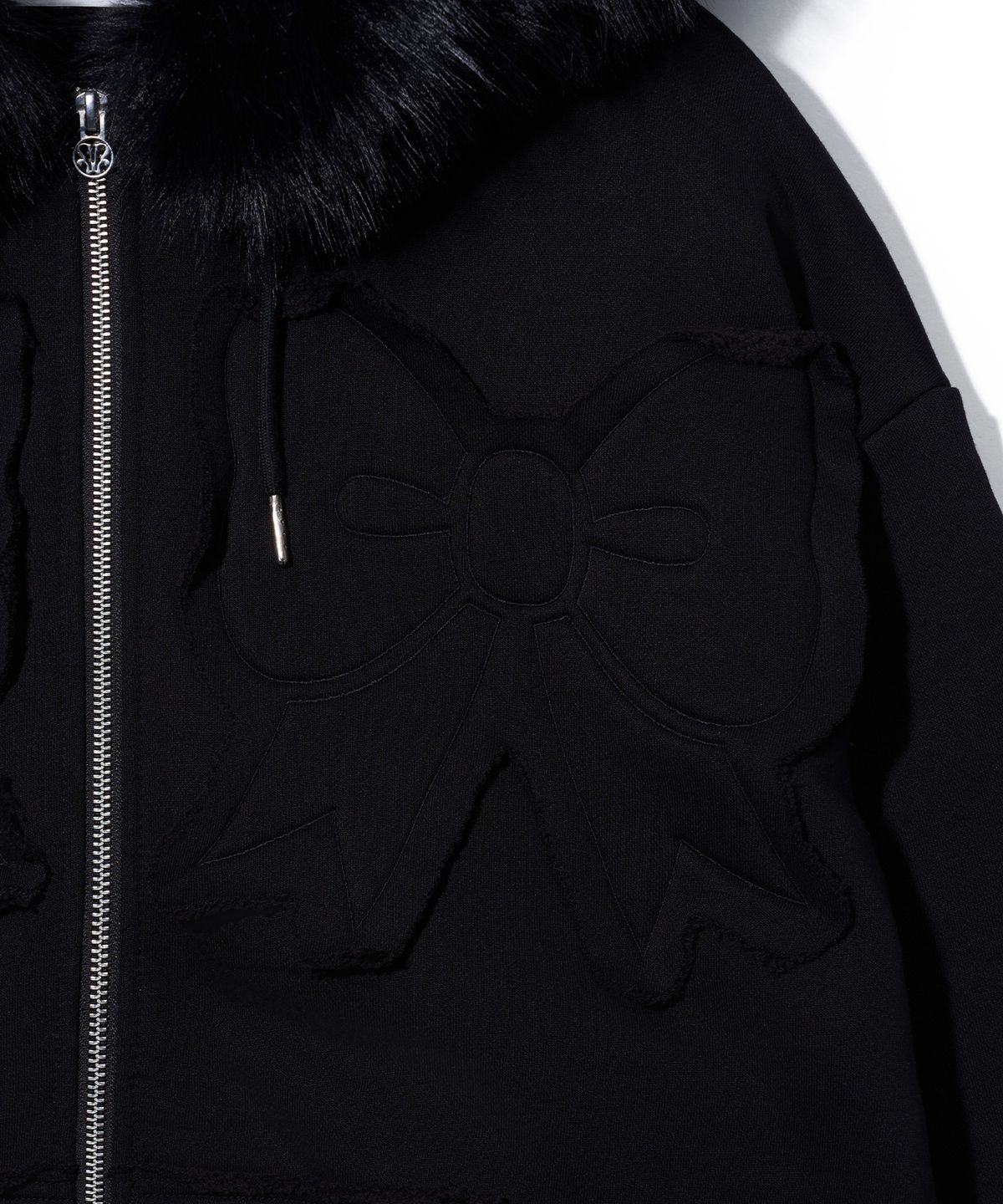 유희(YOUHEE) FUR TRIMMED RIBBON HOOD ZIP-UP_BLACK