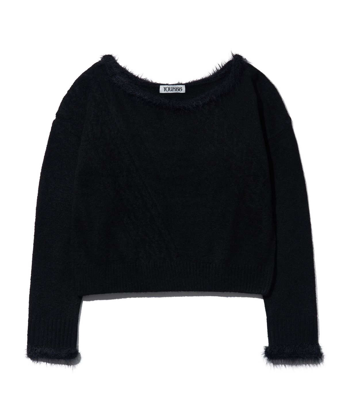 유희(YOUHEE) OFF-SHOULDER FUR TRIMMING CABLE KNIT_BLACK