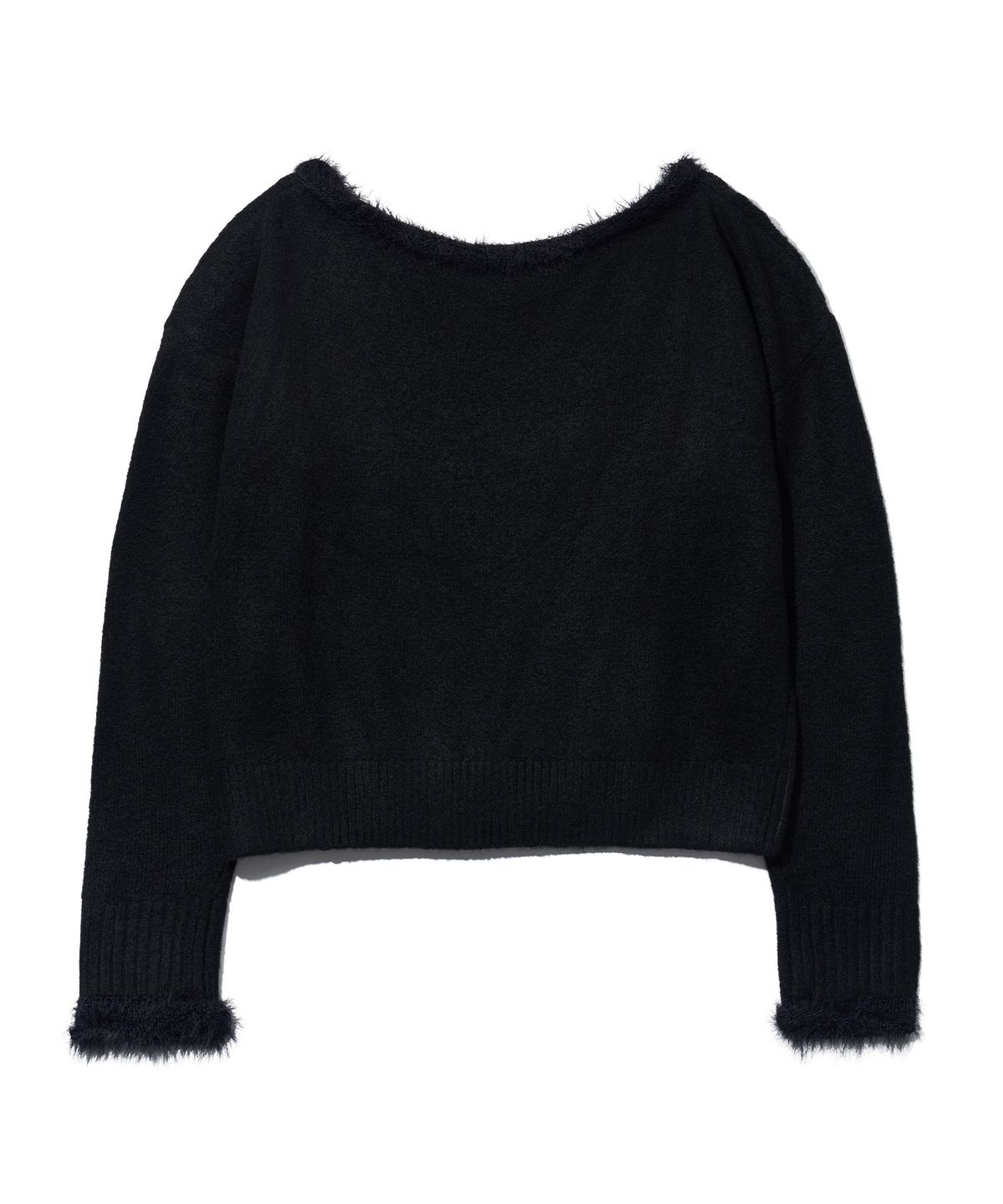 유희(YOUHEE) OFF-SHOULDER FUR TRIMMING CABLE KNIT_BLACK