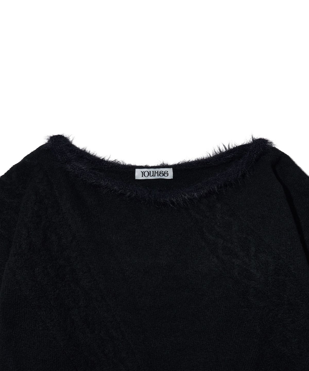 유희(YOUHEE) OFF-SHOULDER FUR TRIMMING CABLE KNIT_BLACK