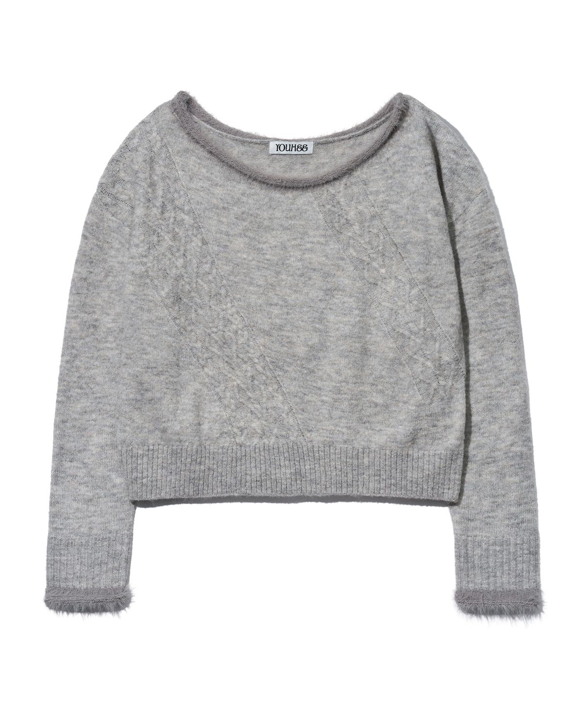 유희(YOUHEE) OFF-SHOULDER FUR TRIMMING CABLE KNIT_GREY
