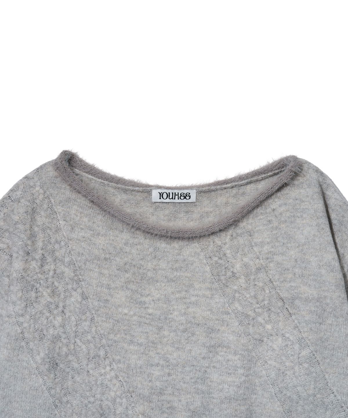 유희(YOUHEE) OFF-SHOULDER FUR TRIMMING CABLE KNIT_GREY