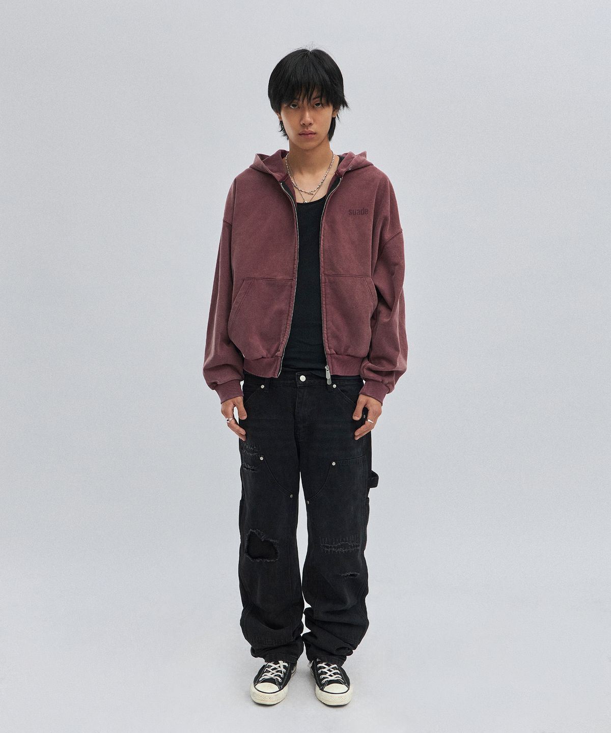 스웨이드(SUADE) CROPPED WASHED HOOD ZIP UP [WASHING BURGUNDY]