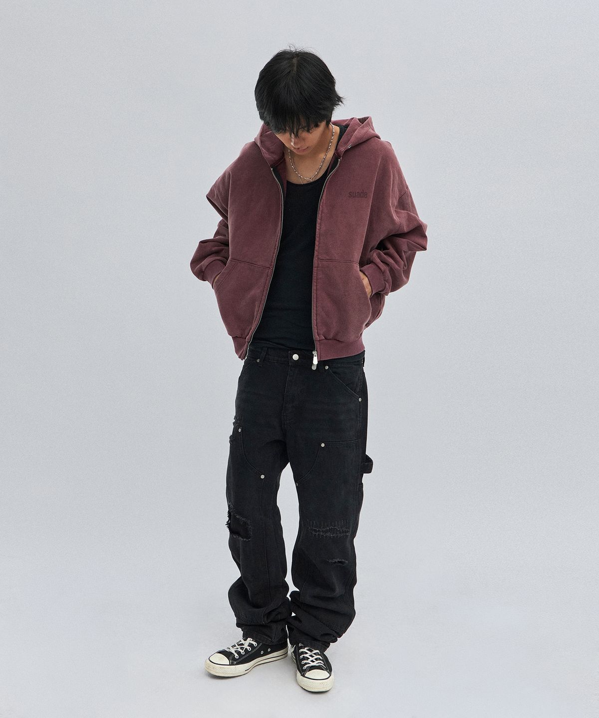 스웨이드(SUADE) CROPPED WASHED HOOD ZIP UP [WASHING BURGUNDY]