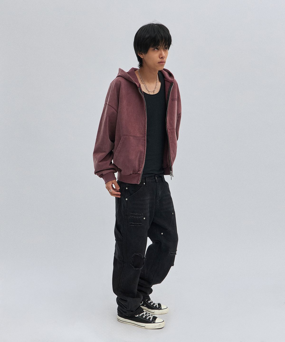 스웨이드(SUADE) CROPPED WASHED HOOD ZIP UP [WASHING BURGUNDY]
