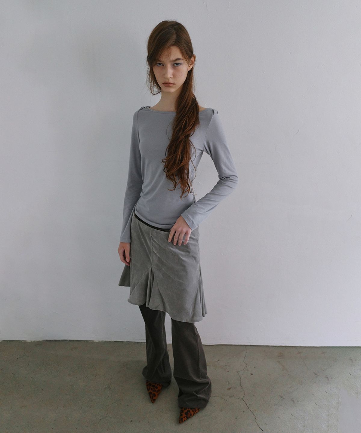 필세(PHILCE) Sheer Velvet Midi Skirt, Gray