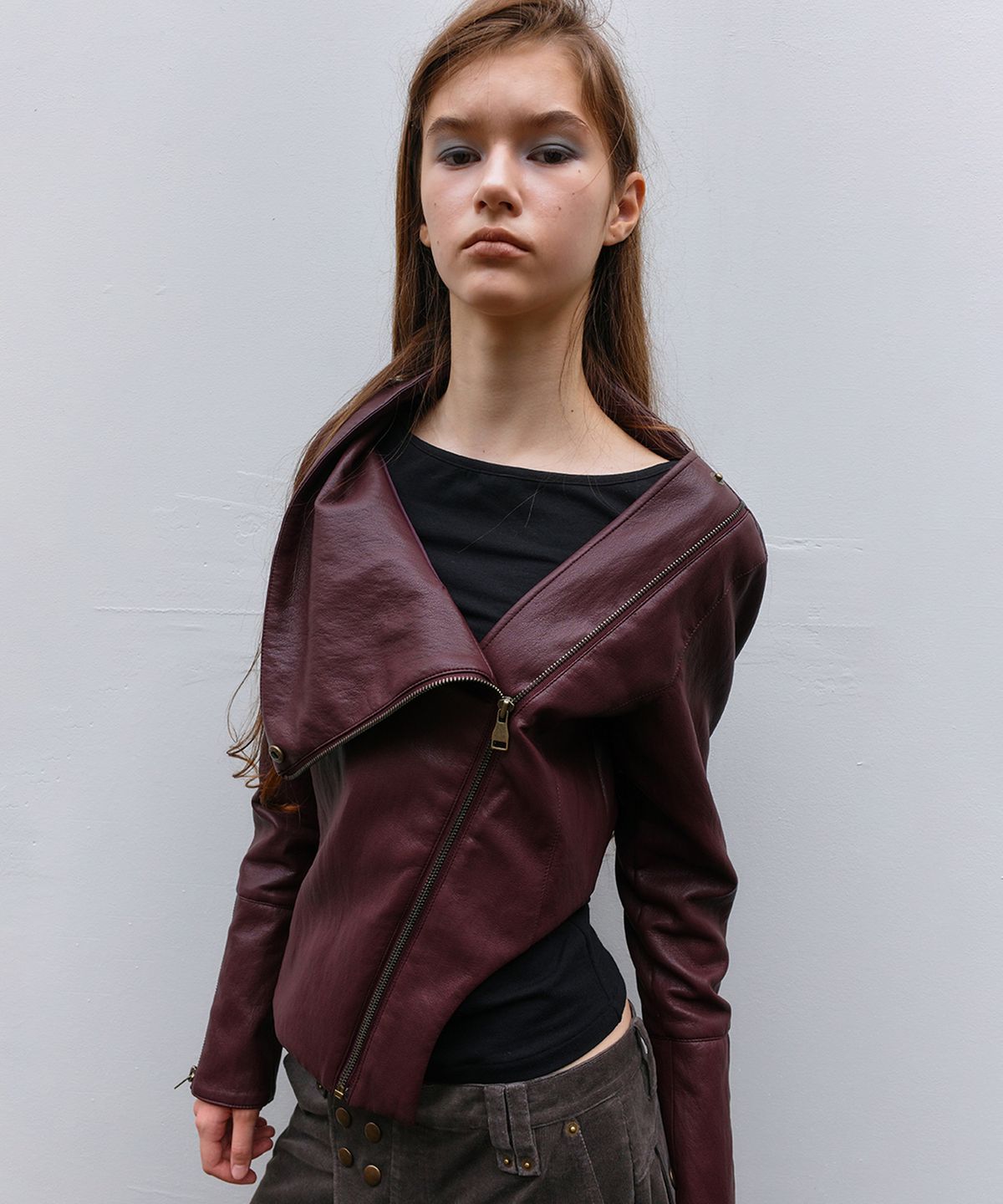 필세(PHILCE) Fluid Leather Jacket, Burgundy