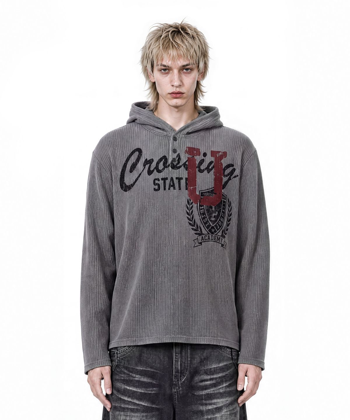 아이돈워너셀(IDWS) Emblem Henley Neck Hoodie Gray