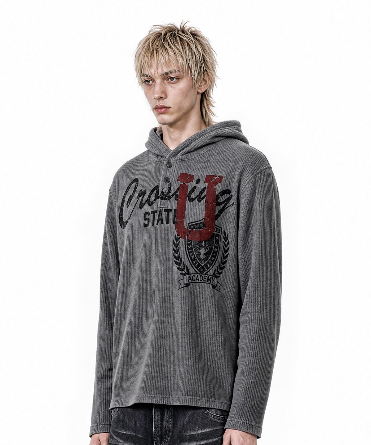 아이돈워너셀(IDWS) Emblem Henley Neck Hoodie Gray