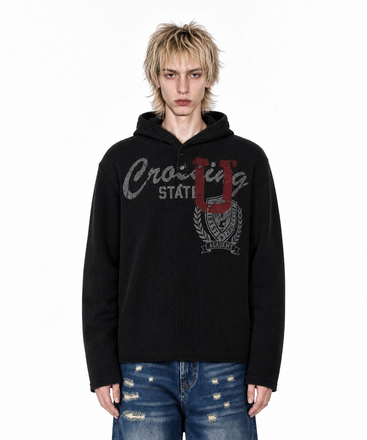 아이돈워너셀(IDWS) Emblem Henley Neck Hoodie Black