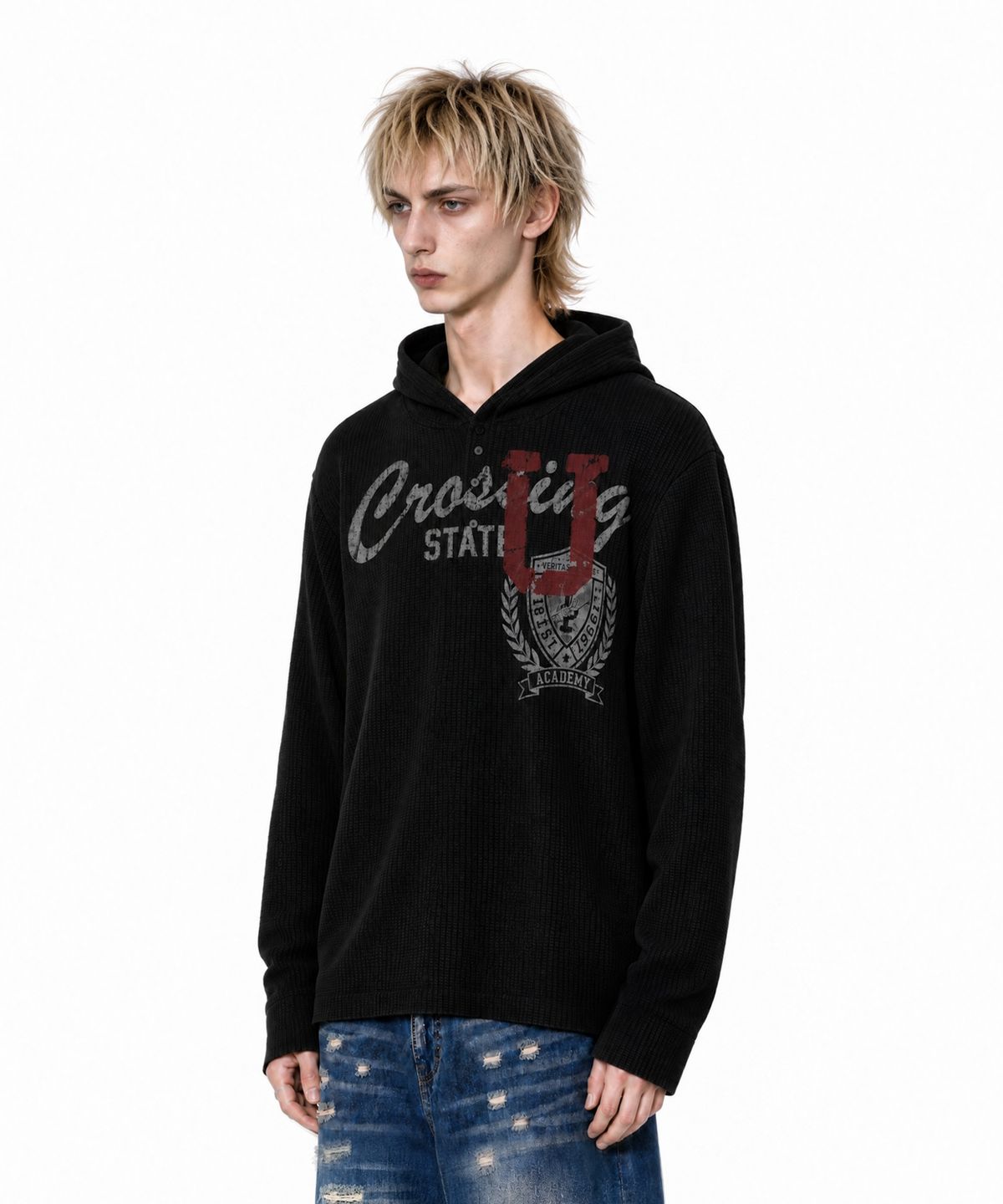 아이돈워너셀(IDWS) Emblem Henley Neck Hoodie Black