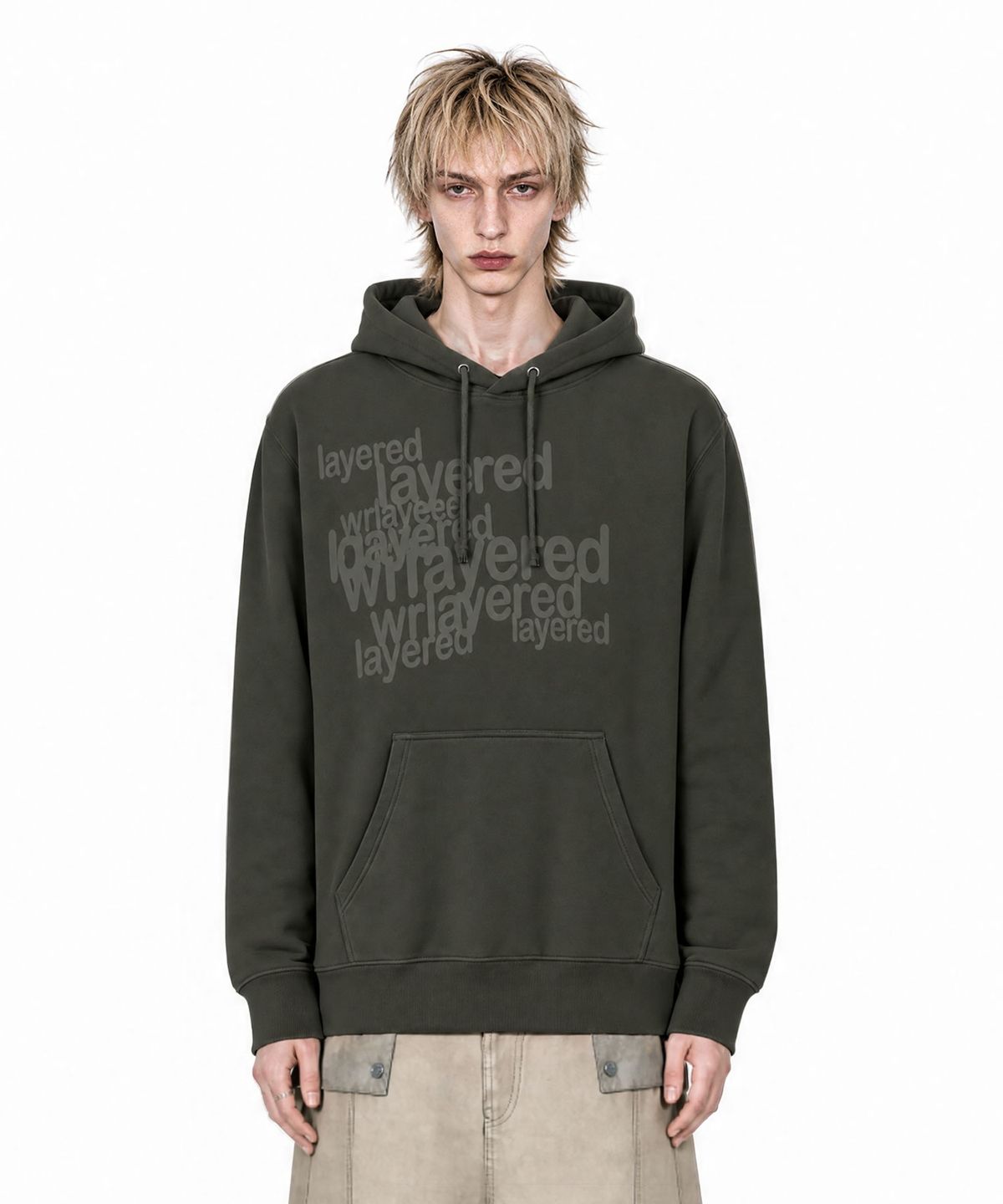 아이돈워너셀(IDWS) Many Layer Hoodie Khaki