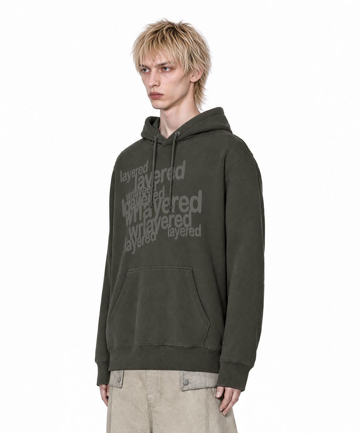 아이돈워너셀(IDWS) Many Layer Hoodie Khaki