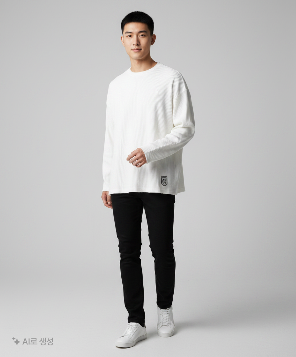 노매뉴얼(NOMANUAL) EMBLEM DAMAGED KNIT LONG SLEEVE TEE - WHITE 100