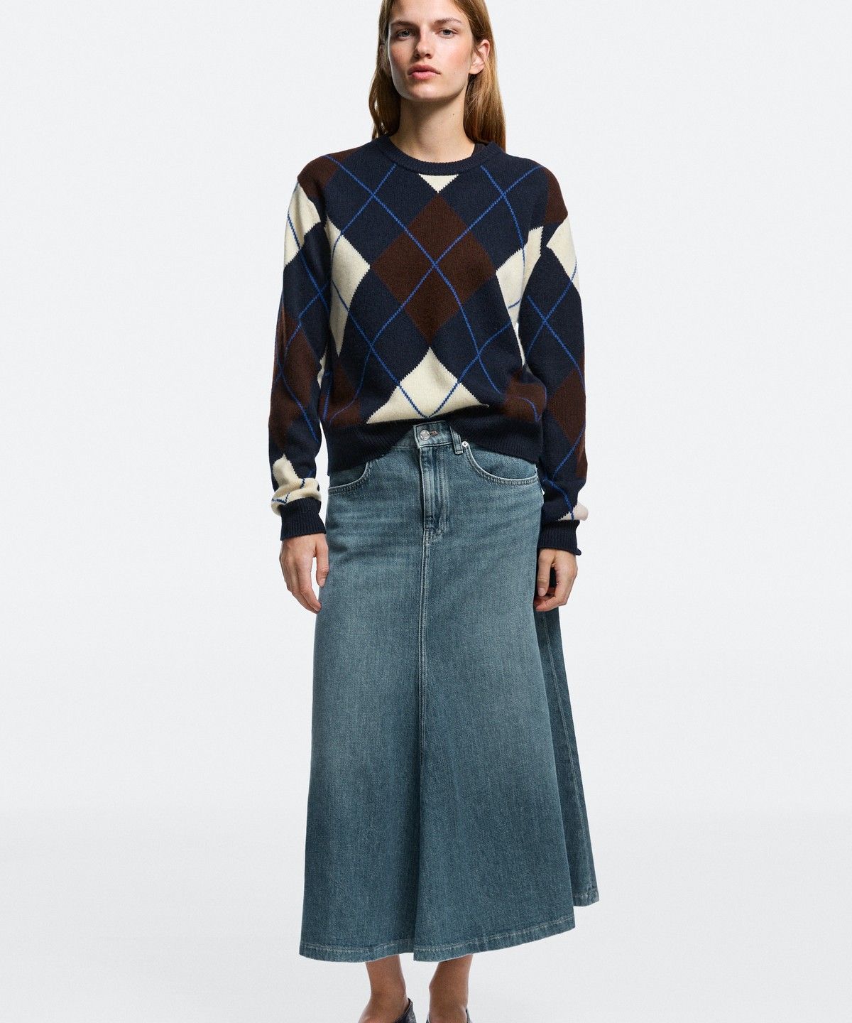 마시모두띠(MASSIMO DUTTI) 데님 플레어 핏 미디 스커트