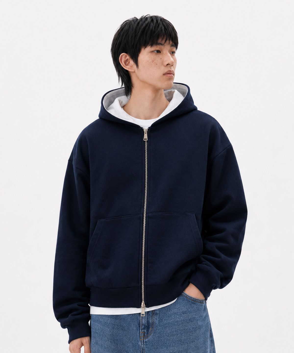 오에스아이(OSI) 2WAY 세미 크롭 후드 집업 네이비